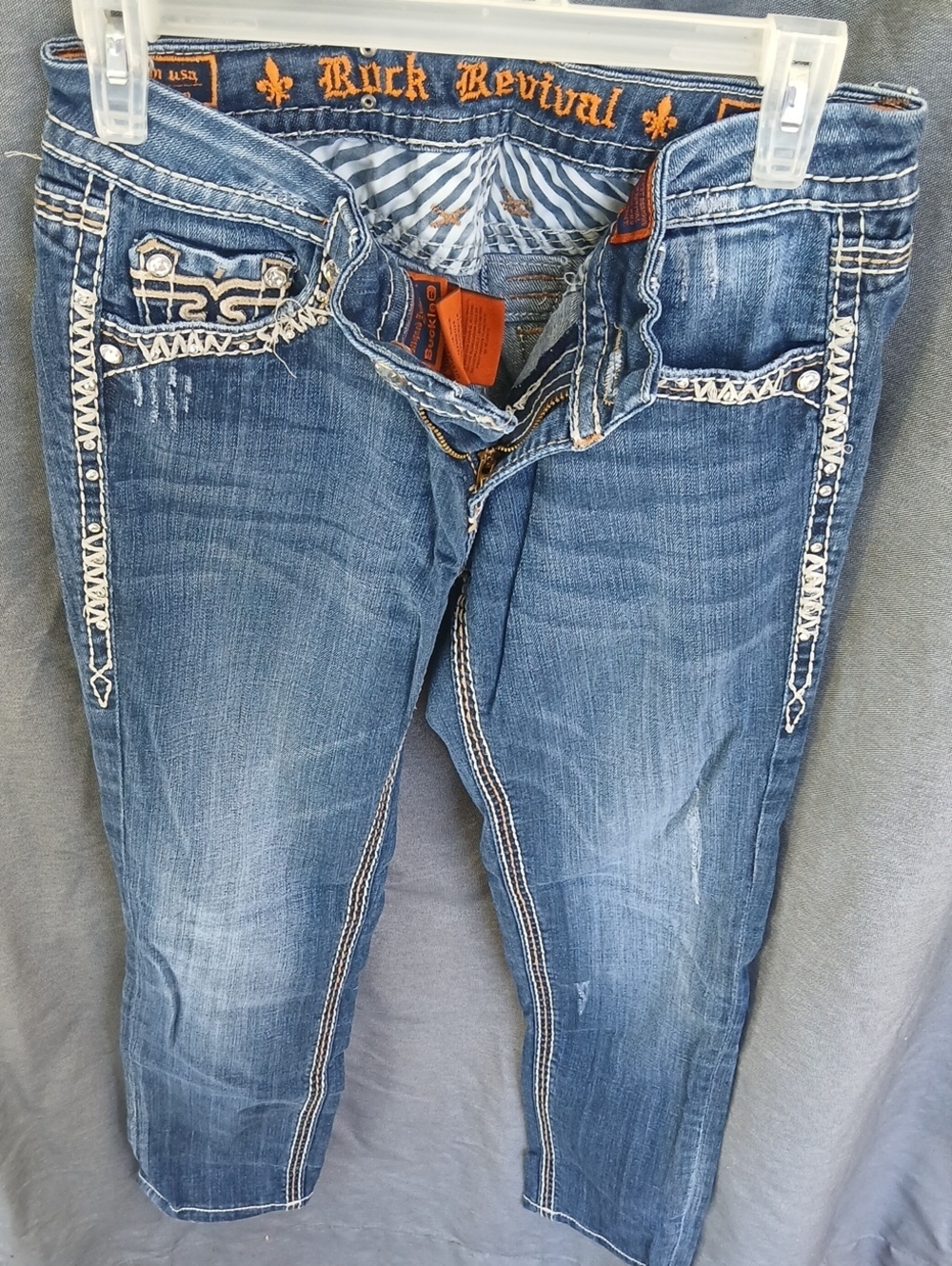 Rock Revival Blue Washed Cropped Jeans with White Contrast Stitching